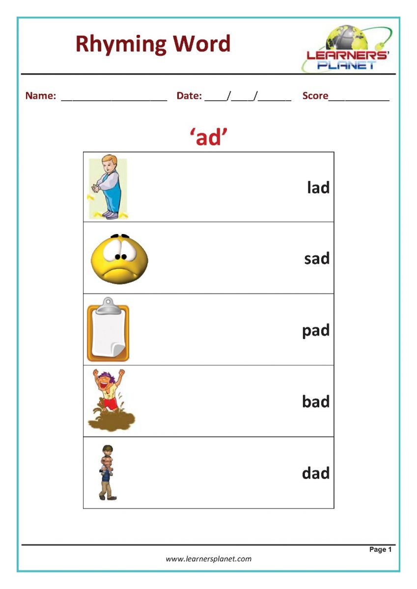 Kindergarten rhyming worksheets and printables